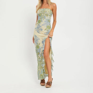 New Holiday Style Printed Floral Dress Open Long Dress Hot Girl Breast Skirt HZ0628